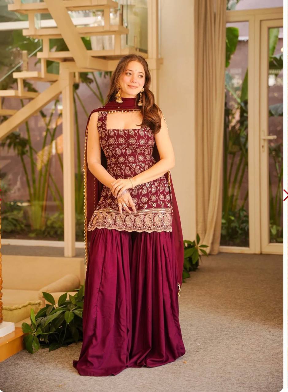 Deep Ruby Floral-Embroidered Silk Set